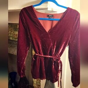 J. Crew burgundy velvet Faux wrap top. Sz 6